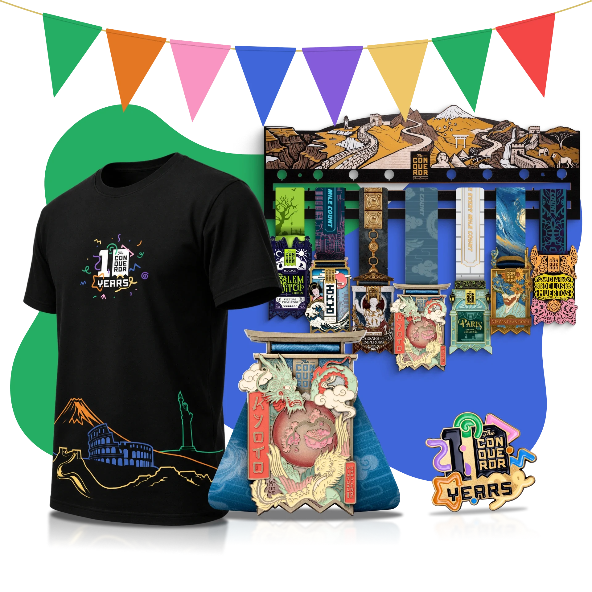 The 10 Years anniversary t-shirt, medal hanger, limited-edition medals and pin