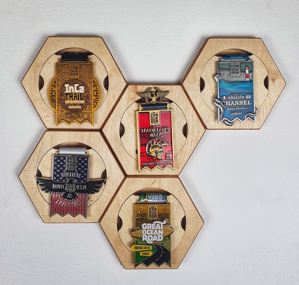 Honeycomb Wood Medal Hanger | The Conqueror Virtual Fitness Challenges